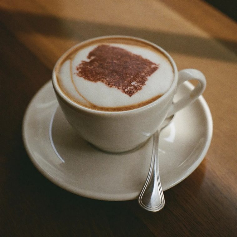 A cappuccino in a white cup on a saucer