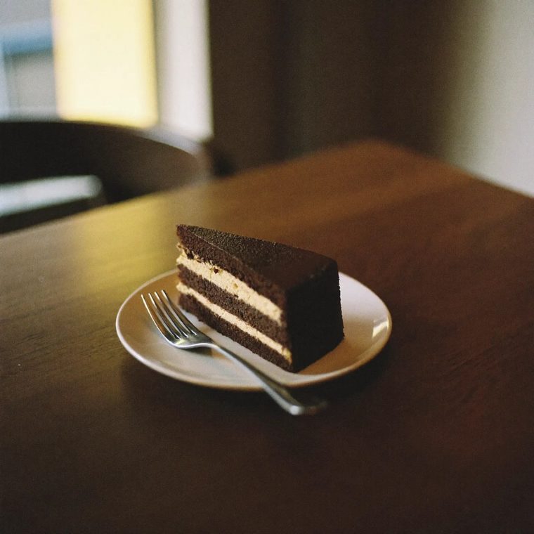 A slice of chocolate cake on a white plate